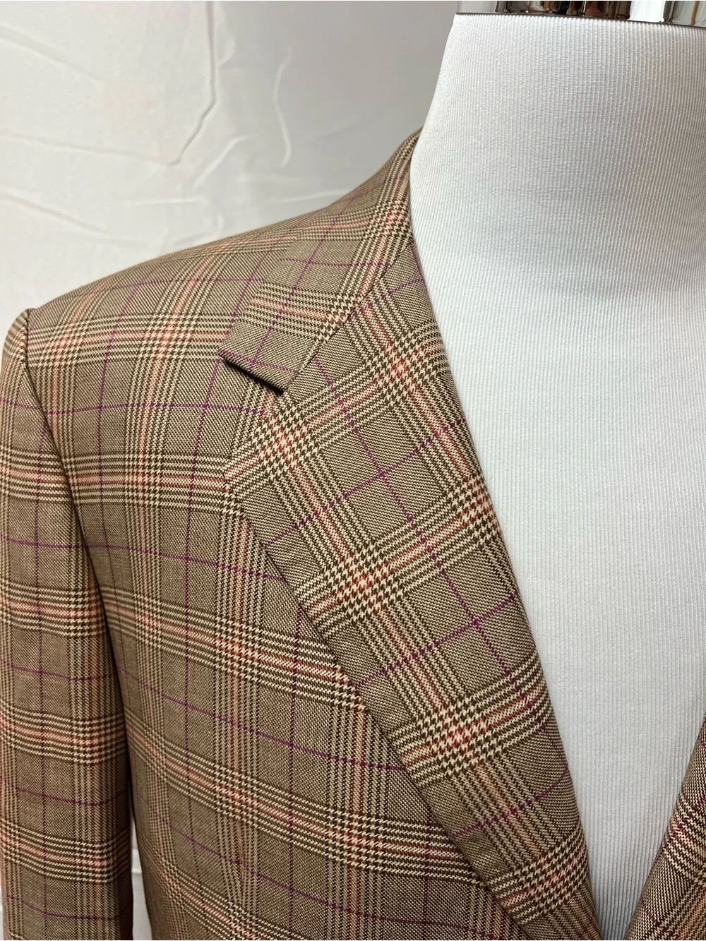 Bespoke Custom Men's 42L Tan Windowpane Glen Plaid Purple Check Blazer Jacket